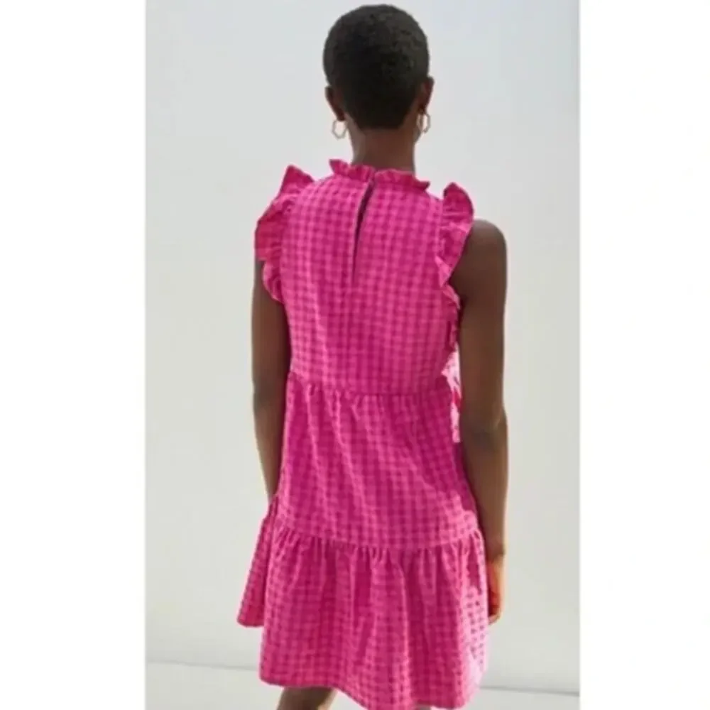 Anthropologie Maeve Lida Ruffled Mini Dress Pink Gingham Size L - Picture 2 of 5